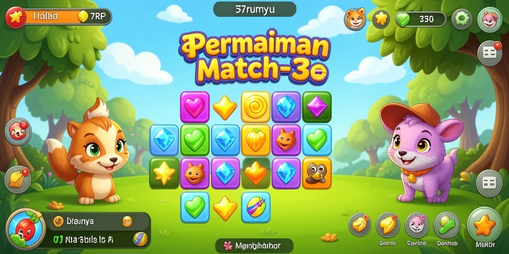 Tampilan gameplay seru Match-3 dengan berbagai warna cerah.
