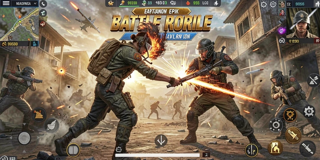 Screenshot gameplay 9939 yang menampilkan pertarungan seru Battle Royale.