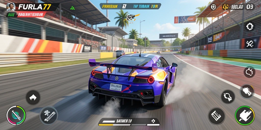 Gameplay FURLA77 menampilkan serunya balapan penuh kecepatan.