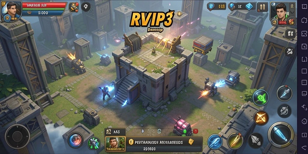 Screenshot utama RVIP3 menampilkan aksi menara Tower Defense yang seru.